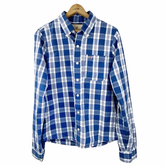 Hollister Blue Plaid Long Sleeve Button Down Collared Pocket Dress Shirt Men’s M - Picture 1 of 15